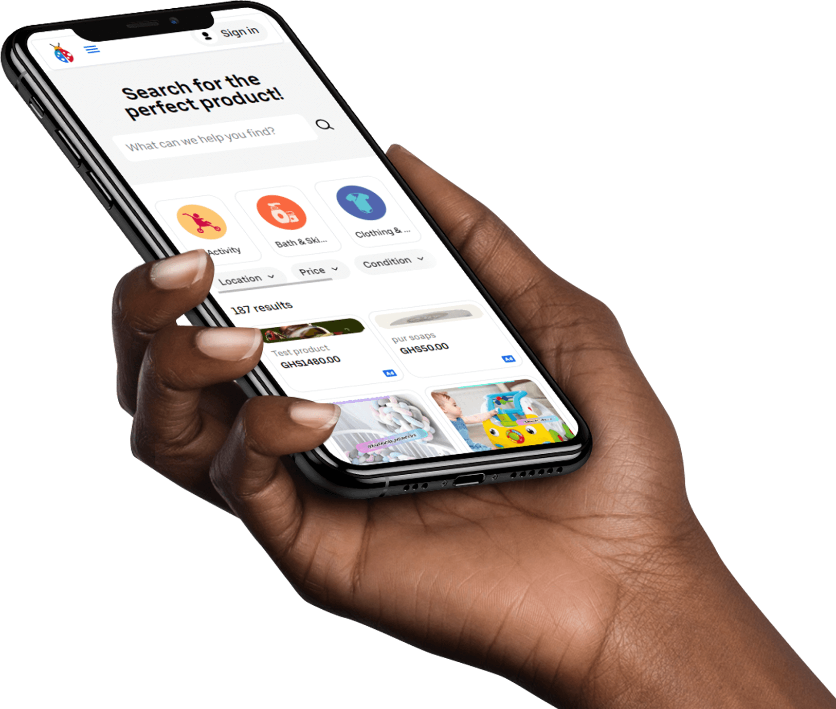 Hand holding phone with Nyeawo products page in view